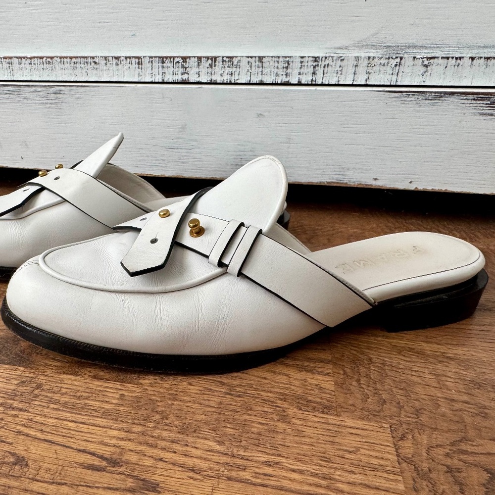 FRAME White Leather Criss Cross Strap Mules Gold Stud Slip‎ Ons Size 37.5 7 7.5
